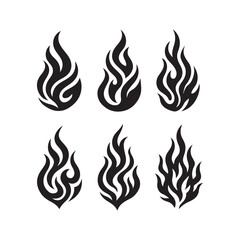a black filled vector illustration set of fire icons on white background