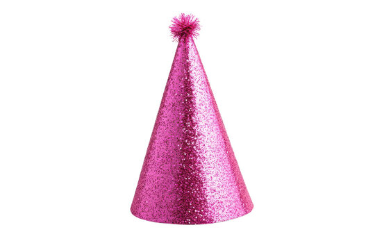 Bright pink glittery cone shaped birthday party hat surrounded by colorful confetti for festive celebration activities