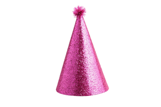Bright pink glittery cone shaped birthday party hat surrounded by colorful confetti for festive celebration activities