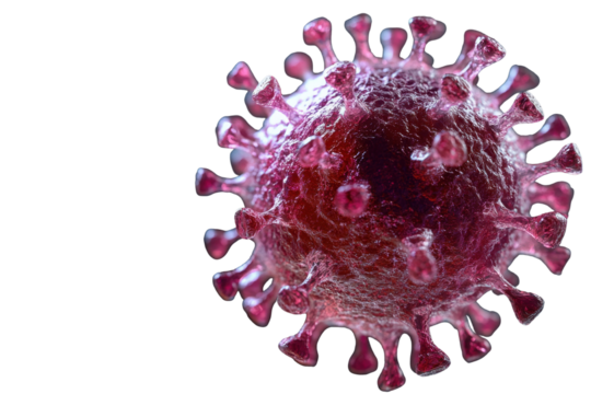 Virus cell isolated on transparent background showcasing intricate structure and detail, highlighting spikes and surface characteristics under close examination