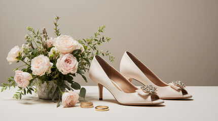 Wedding shoes and wedding paraphernalia, wedding bouquet, wedding gold rings