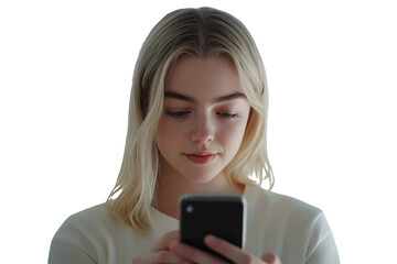 Portrait of a girl scrolling through social media with a focused expression, isolated on a seamless white background. Perfect for lifestyle, technology, and youth culture themes. PNG and transparent b