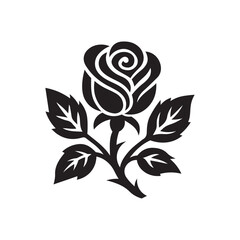  black and white vector illustration of a rose flower with leaves on white background