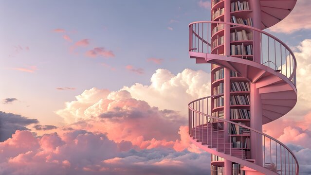 Pink library with spiral staircase reaching to the sky. Dreamy surreal interior. Endless bookshelves. Magical literary atmosphere. Imaginative architecture