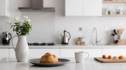 Blurred kitchen interior and napkin and desk space