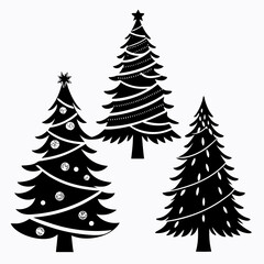 Obraz premium Collection of black christmas trees silhouettes with various decorations and styles on white background