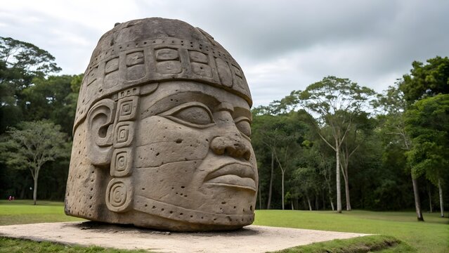 Ancient Olmec stone head, serene expression, detailed carvings, set against a lush green backdrop of trees under a cloudy sky. A powerful symbol of Mesoamerican history.