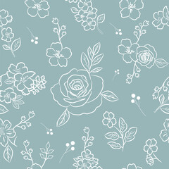 Soft seamless floral pattern with white rose and blossom outlines on dusty blue background. ideal for textile, wallpaper and feminine designs.