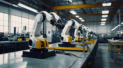 Robotics Factory Inside, Industrial Machines, Yellow and Silver Robots, High Tech Manufacturing