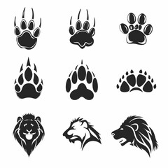 Fototapeta premium Black silhouette animal icon set with nature inspired decorative elements