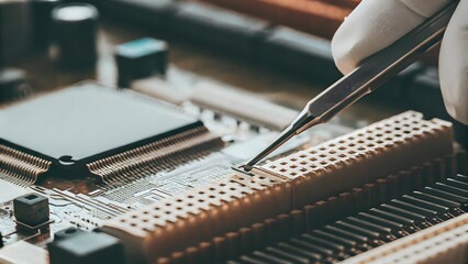 Precisely aligning a microchip onto a circuit board, a meticulous task requiring steady hands and intense focus. The intricate details of the technology are mesmerizing.