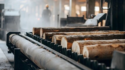 Logs glide smoothly along conveyor belts, sawdust flying, a testament to efficient timber processing within the bustling sawmill. A worker is seen in the background.