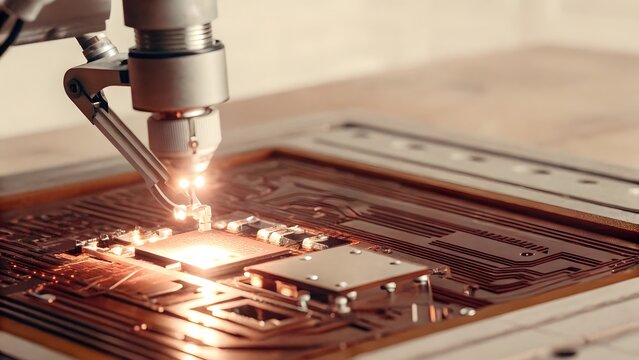 Precise robotic arm meticulously soldering components onto a complex circuit board, illuminating intricate pathways with focused light.