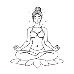 Meditating woman in lotus pose line art vector design concept black and white illustration.