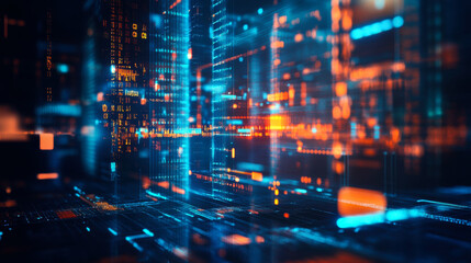 Digital cityscape with neon lights and flowing data streams at night showcasing advanced technology