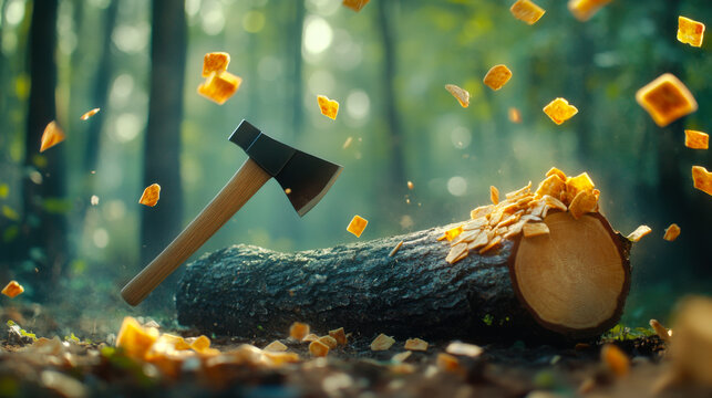 Wood chopping in a serene forest setting captures the beauty of nature and craftsmanship during the golden hours of the day - Powered by Adobe