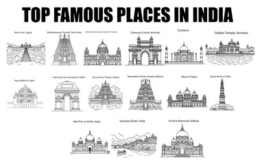 top famous travel places in india all in one bundle vector set - amer fort, tajmahal, india gate, kuthubminar, charminar, golden temple, mysore palace, hawa mahal, gateway of india, varanasi, victoria