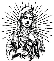 Girl with a sword vector illustration drawing woman sketch art, black graphic tattoo head