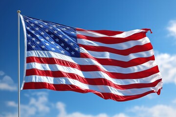 Fototapeta premium Waving American Flag with Realistic Fabric Texture and Subtle Fraying Under Sunny Blue Sky - High-Resolution Material for Outdoor Design