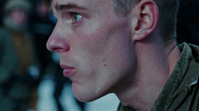 Young soldier during his first combat. His face is pale, lips trembling, sweat and snow on his brow. He adjusts his loosened military helmet nervously while looking forward with fear. Explosions blurr