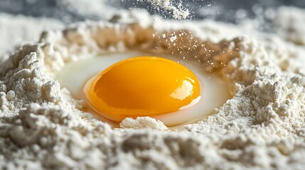 Close-up of a broken egg on a white background with flour