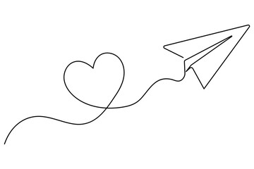 Love themed paper plane with hearts continuous line art minimalist romantic card vector illustration
