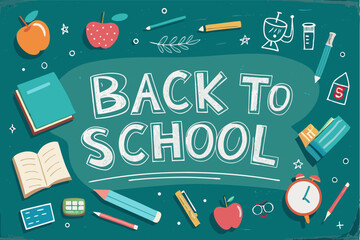 Back to School Chalkboard Illustration with School Supplies and Hand Drawn Lettering