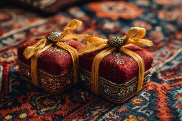 Ornate decorative boxes with red fabric and gold ribbon on patterned carpet