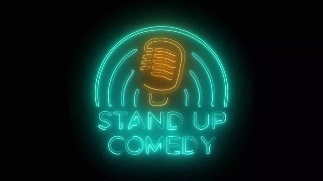 Stand up comedy night show sign neon lights with cyan and yellow color.