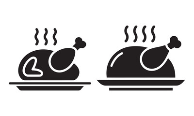 Roasted Chicken Icon Set, Hot Steaming Poultry Graphics, vector illustration