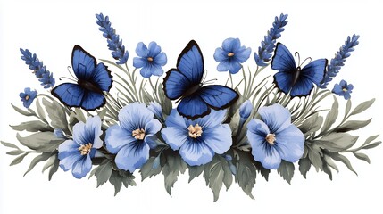 Vibrant Blue Floral Arrangement with Butterflies on a White Background