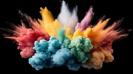 Vibrant Explosions of Colored Powders Creating a Dynamic Cloud Against a Black Background