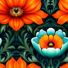 Vibrant Floral Pattern with Orange and Blue Flowers on a Dark Background