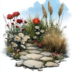 Vibrant Flower Bed With Red Daisies and White Flowers Along a Stone Pathway Under Blue Sky
