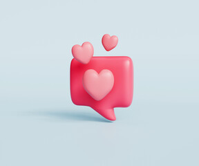 3d pink heart shaped like icon with message bubble on blue background.