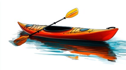Vibrant Orange Kayak Floating on Calm Water Surrounded by Reflected Blue Sky