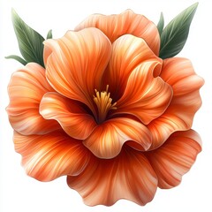 Vibrant Orange Hibiscus Flower with Lush Green Leaves on White Background