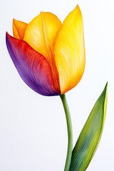 Vibrant orange and purple tulip with green leaves against a white background