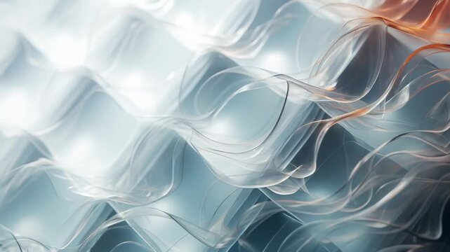 Abstract flowing translucent shapes in blue and orange tones, dynamic smooth lines and soft gradients.