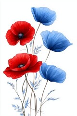 Vibrant Red and Blue Poppies with Graceful Stems and Delicate Leaves on a White Background