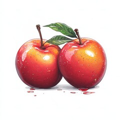 Vibrant Red Apples with Water Droplets and Green Leaves on a White Background