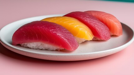 Vibrant Red and Orange Tuna Sushi on Pink Background