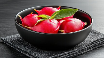 Vibrant Red Dragon Fruit in Black Bowl on Dark Surface