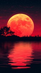 Vibrant Red Full Moon Reflected on Calm Water Surrounded by Silhouetted Trees at Dusk