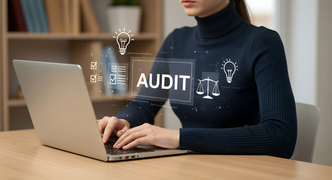 Woman using laptop for financial audit business analysis accounting report data management tax compliance risk assessment internal control compliance