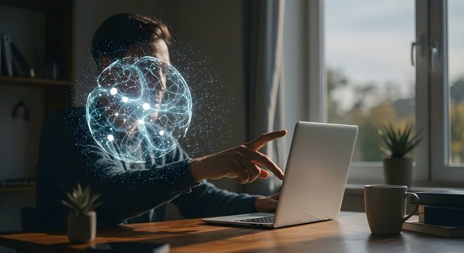 Digital brain concept with man pointing at laptop screen, Innovative thinking visualization with network connection, working at home with technology and augmented reality overlay