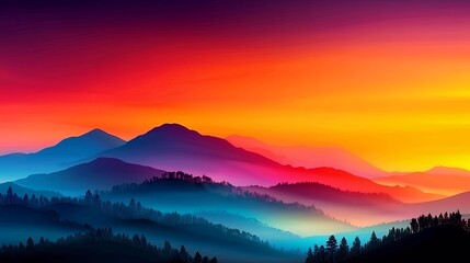 Vibrant Sunset Over Misty Mountain Range