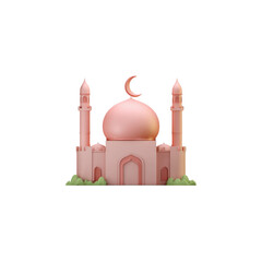 The mosque model is predominantly pink. It features a central dome, topped with a crescent moon finial, flanked by two slender minarets