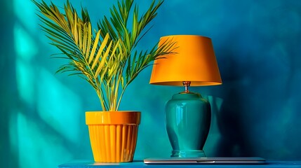 Vibrant Teal and Orange Home Decor Still Life with Palm Plant and Lamp