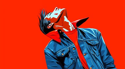 Stylized Portrait of a Young Man Wearing a Red Turtleneck and Denim Jacket Against a Bold Red Background
